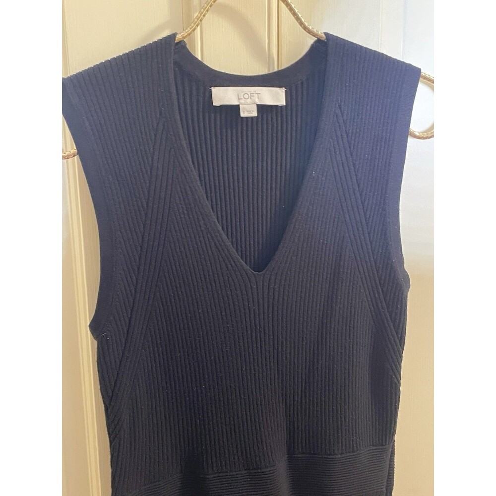 LOFT Ribbed V-Neck Midi Sweater Dress Sleeveless Knit Navy Blue Black Small S